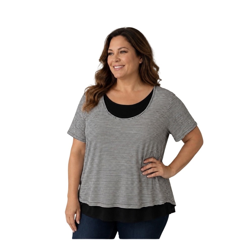 Avenue Size 14 Black White Striped Layered‎ Cotton Short Sleeve Top NWT Casual